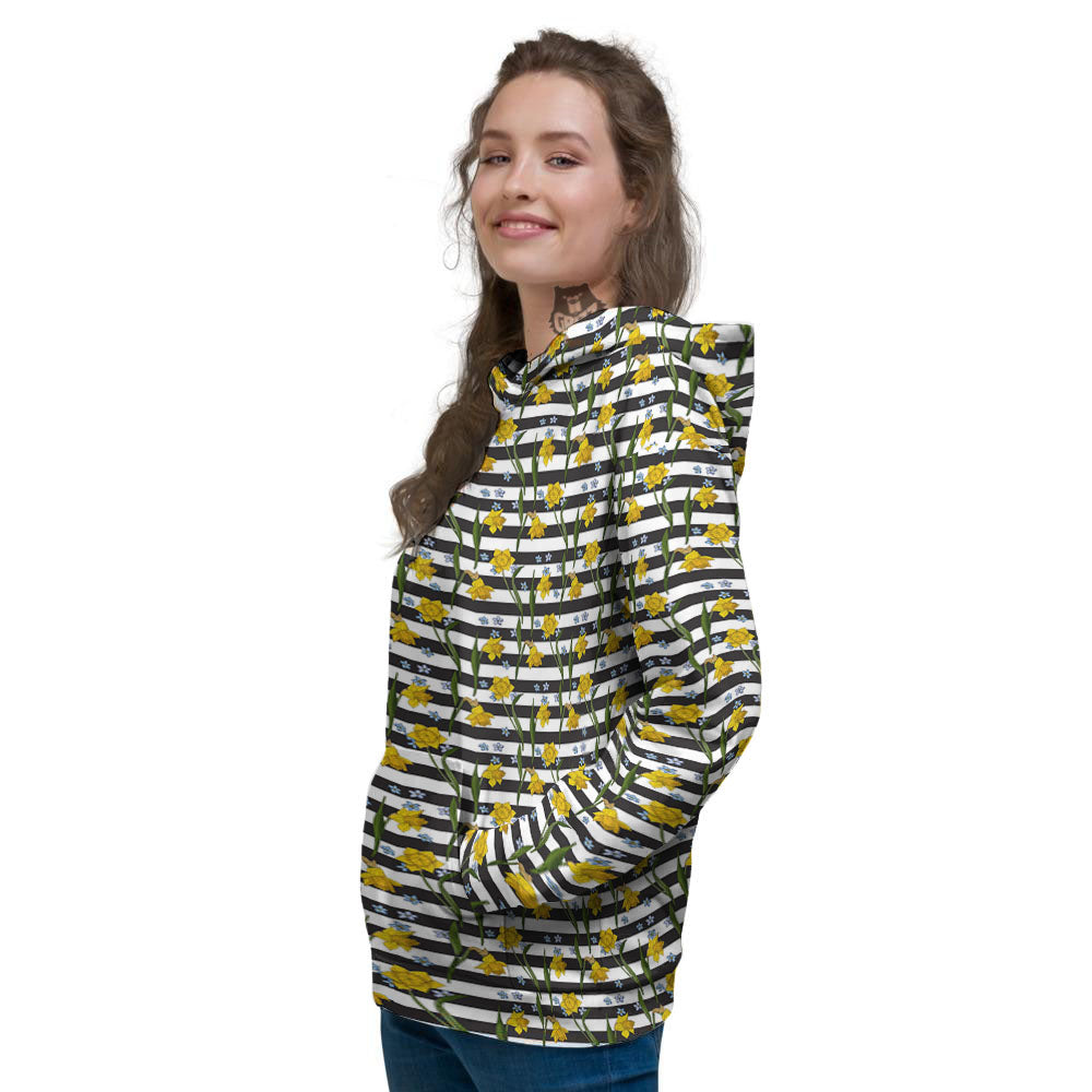 Daffodil Black Striped Print Pattern Women's Hoodie-grizzshop