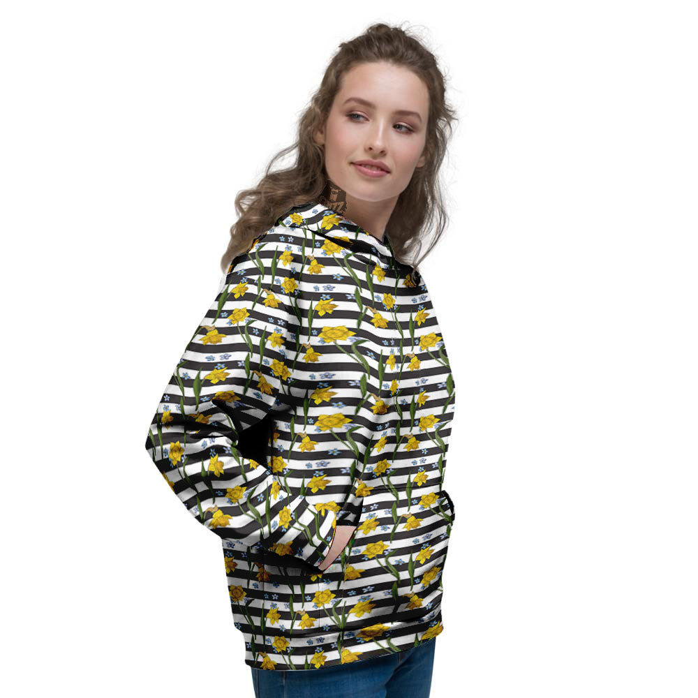 Daffodil Black Striped Print Pattern Women's Hoodie-grizzshop