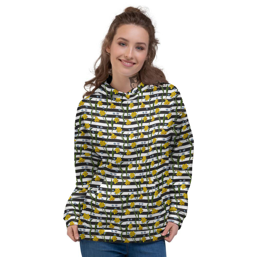 Daffodil Black Striped Print Pattern Women's Hoodie-grizzshop