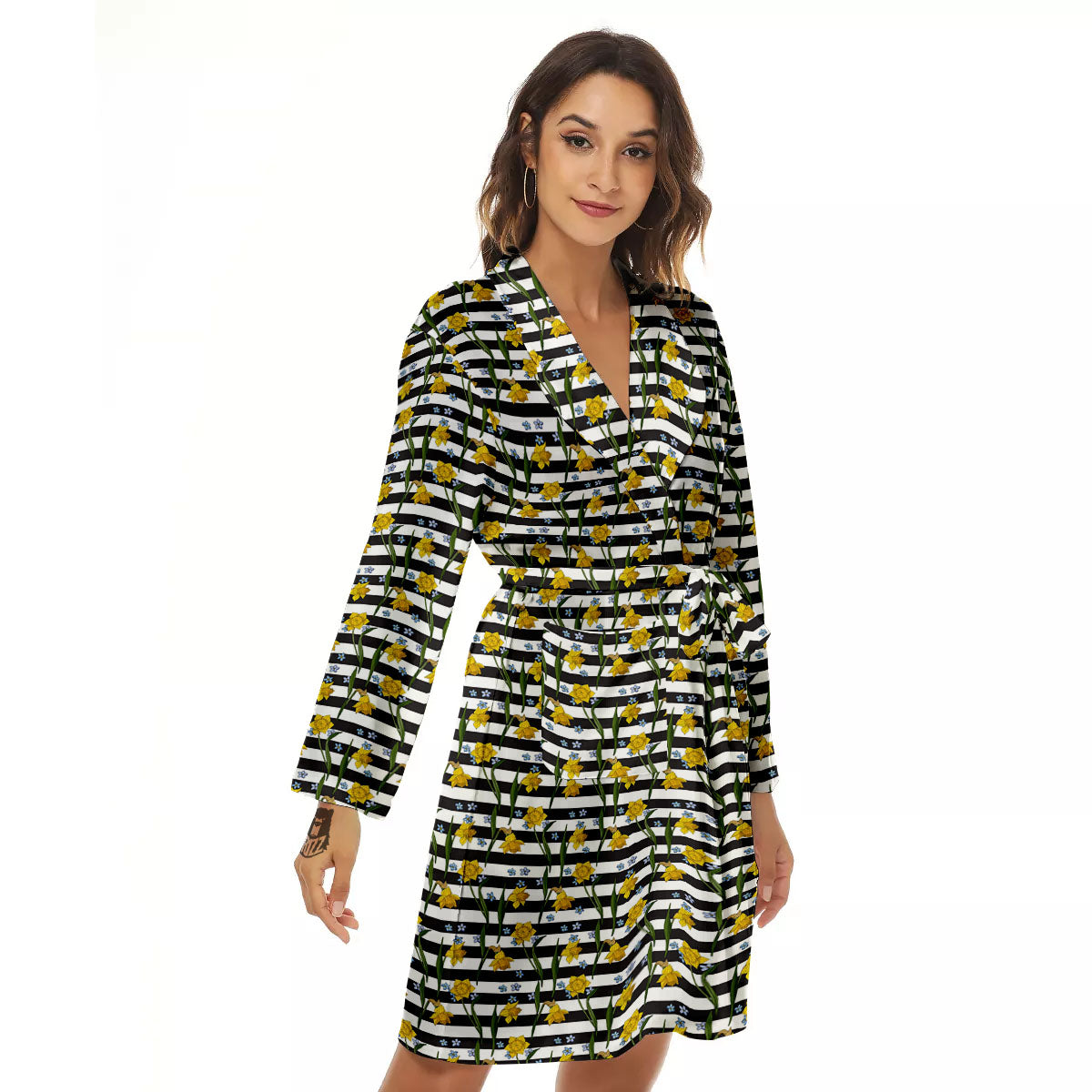 Daffodil Black Striped Print Pattern Women's Robe-grizzshop
