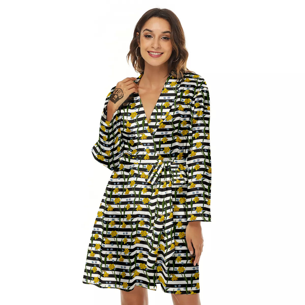 Daffodil Black Striped Print Pattern Women's Robe-grizzshop
