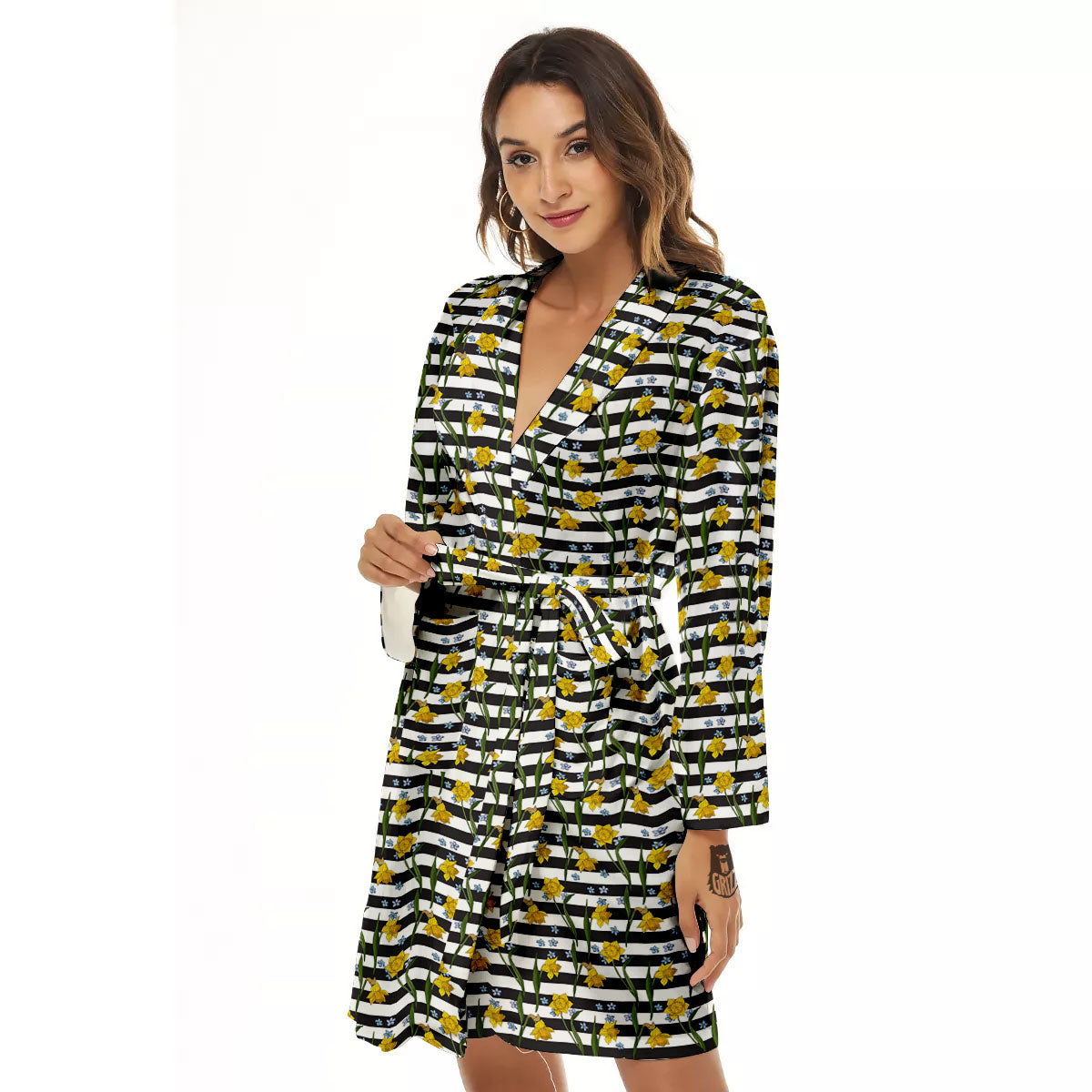 Daffodil Black Striped Print Pattern Women's Robe-grizzshop