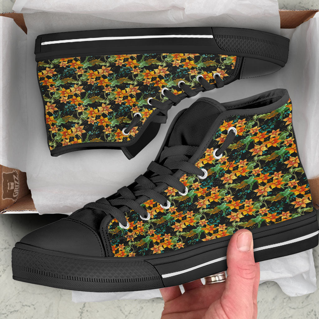 Daffodil Yellow And Black Print Pattern Black High Top Shoes-grizzshop
