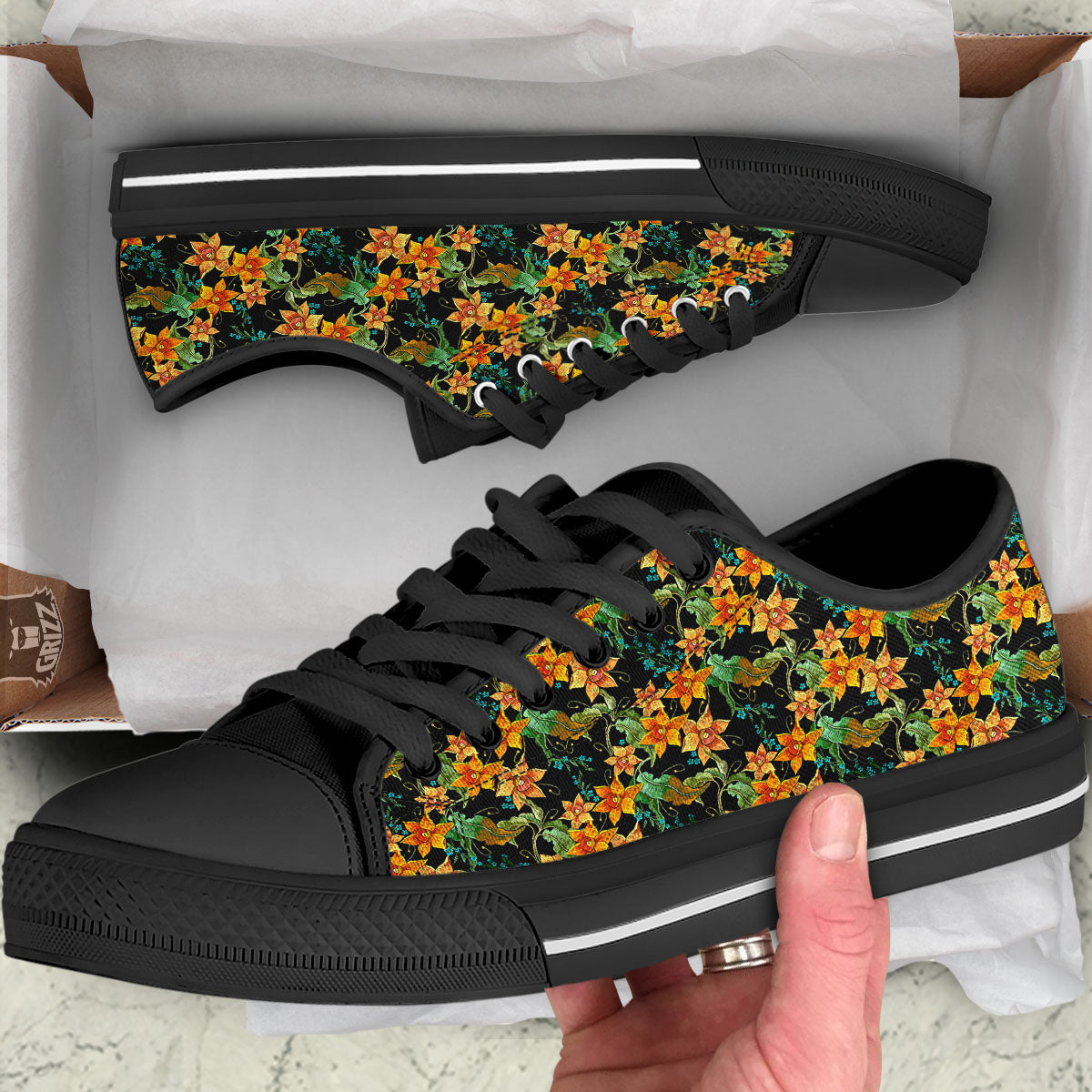 Daffodil Yellow And Black Print Pattern Black Low Top Shoes-grizzshop