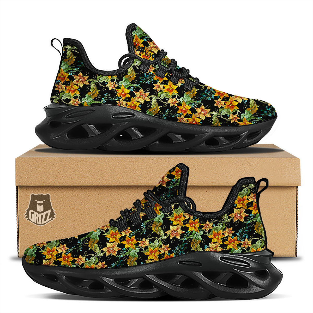 Daffodil Yellow And Black Print Pattern Black Running Shoes-grizzshop