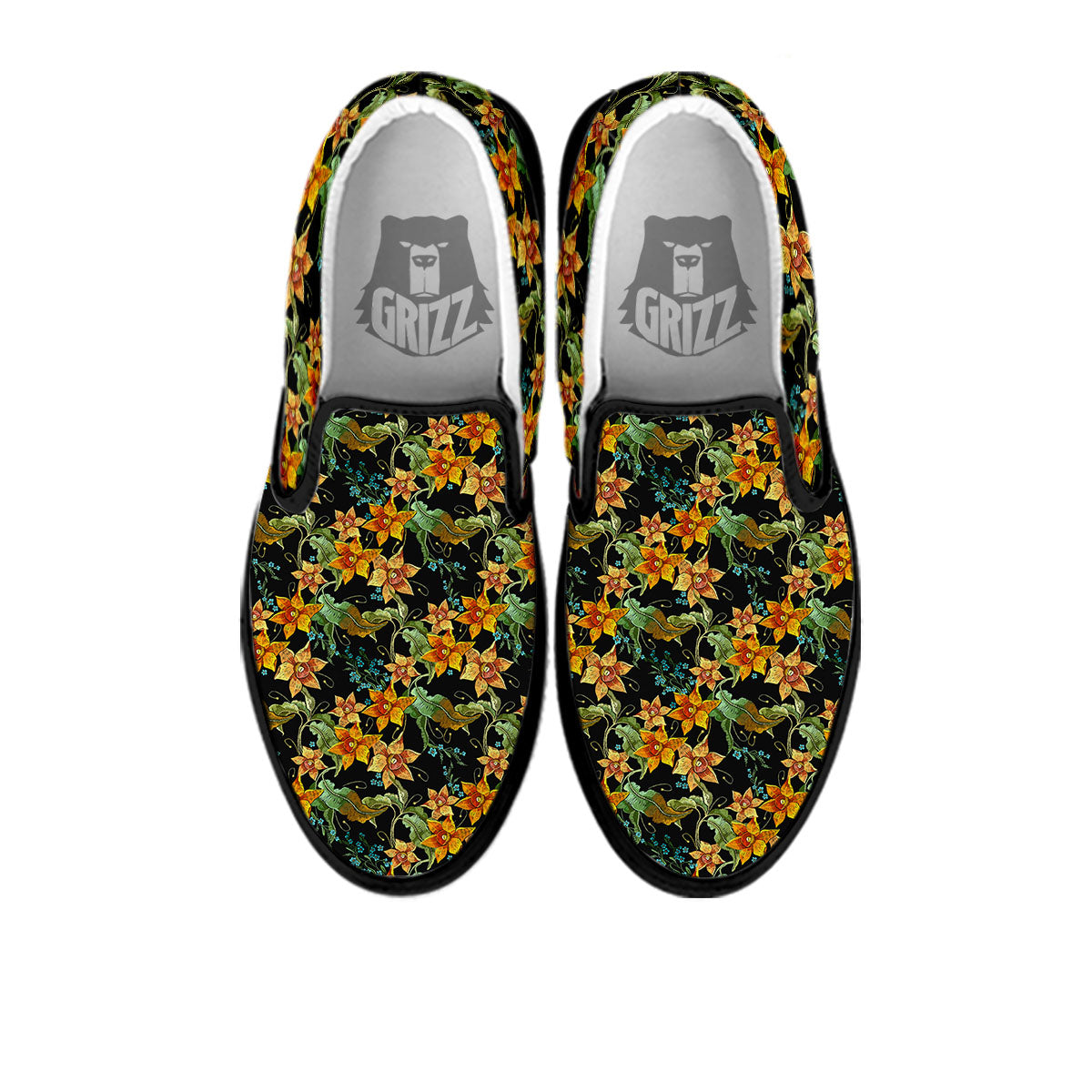 Daffodil Yellow And Black Print Pattern Black Slip On Shoes-grizzshop