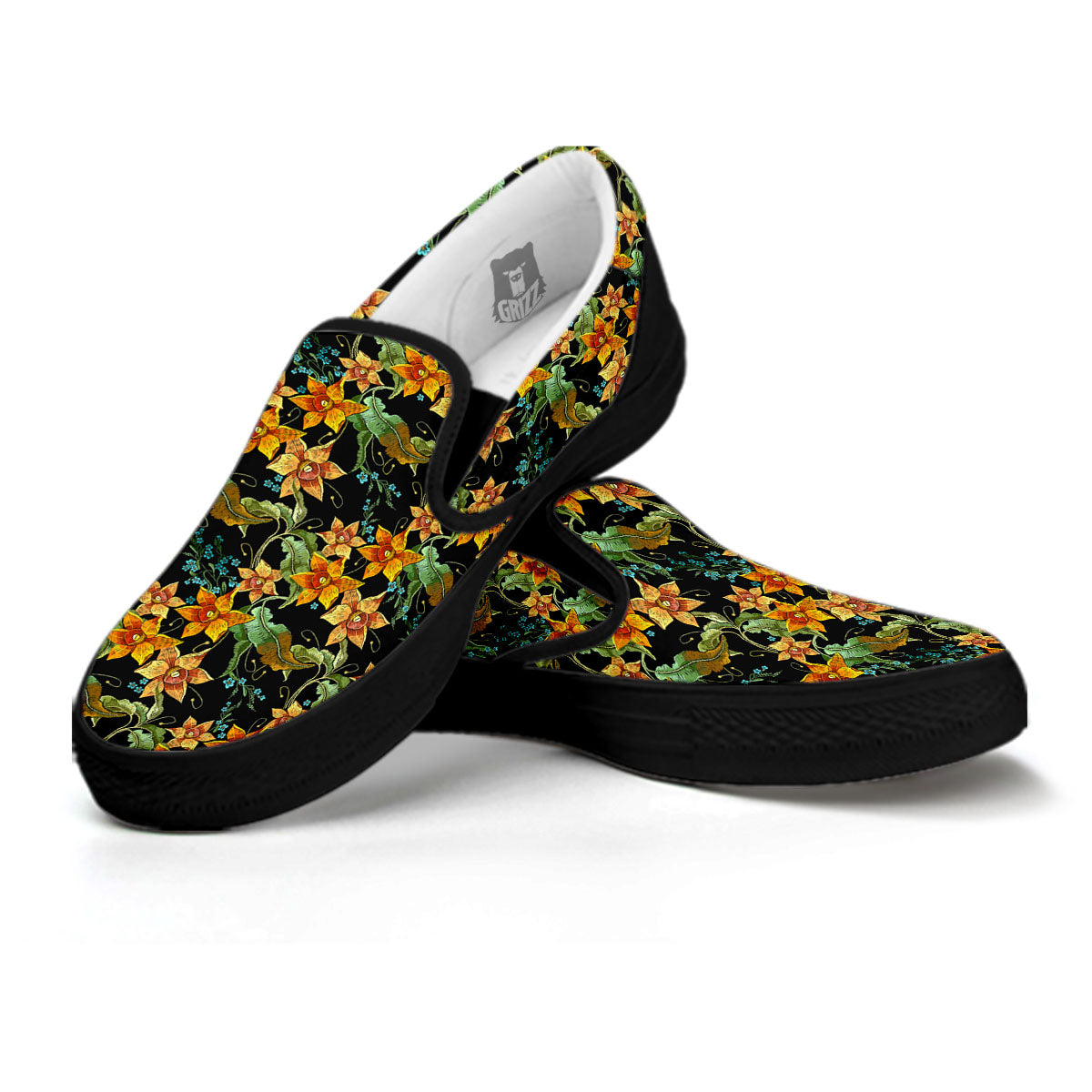 Daffodil Yellow And Black Print Pattern Black Slip On Shoes-grizzshop