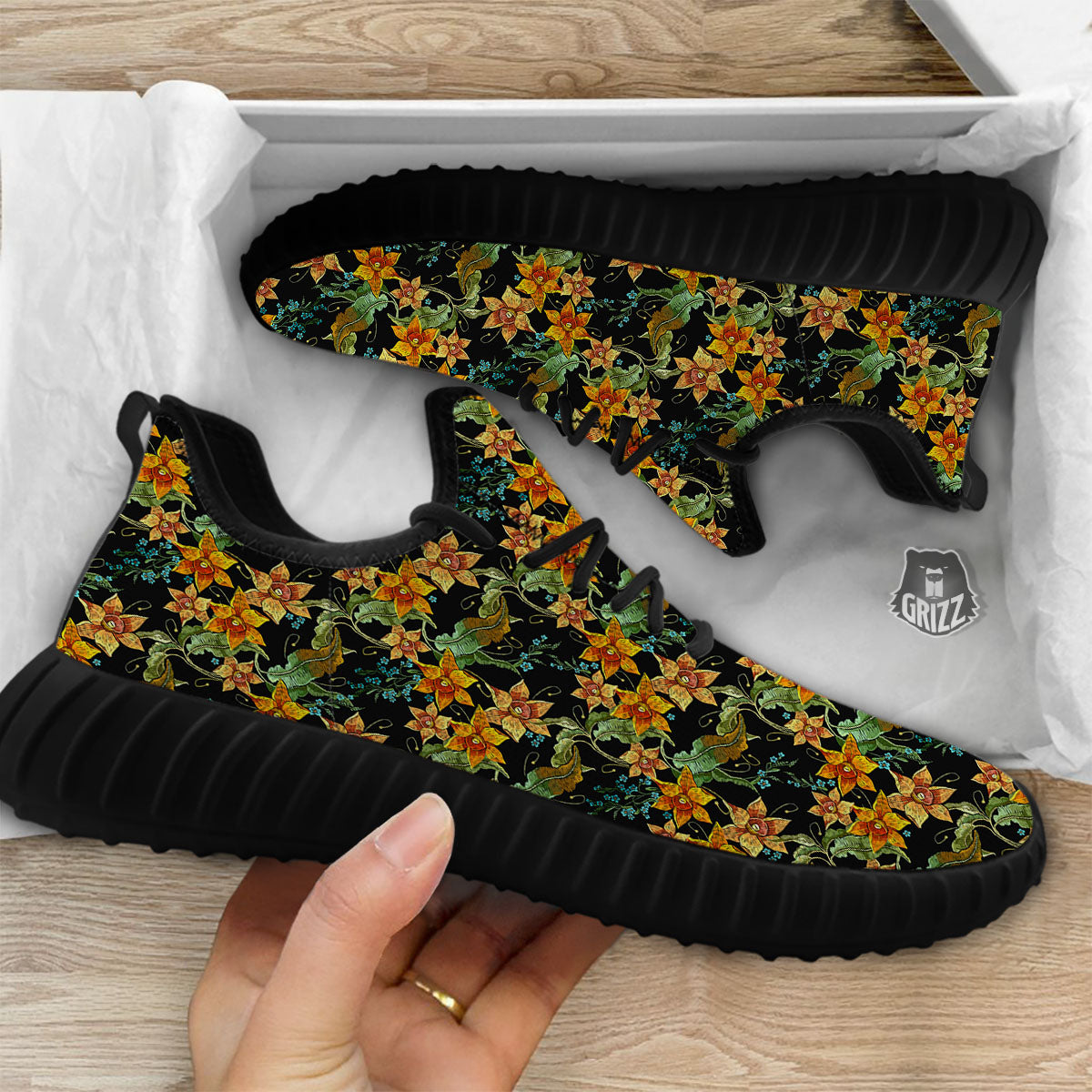 Daffodil Yellow And Black Print Pattern Black Walking Shoes-grizzshop