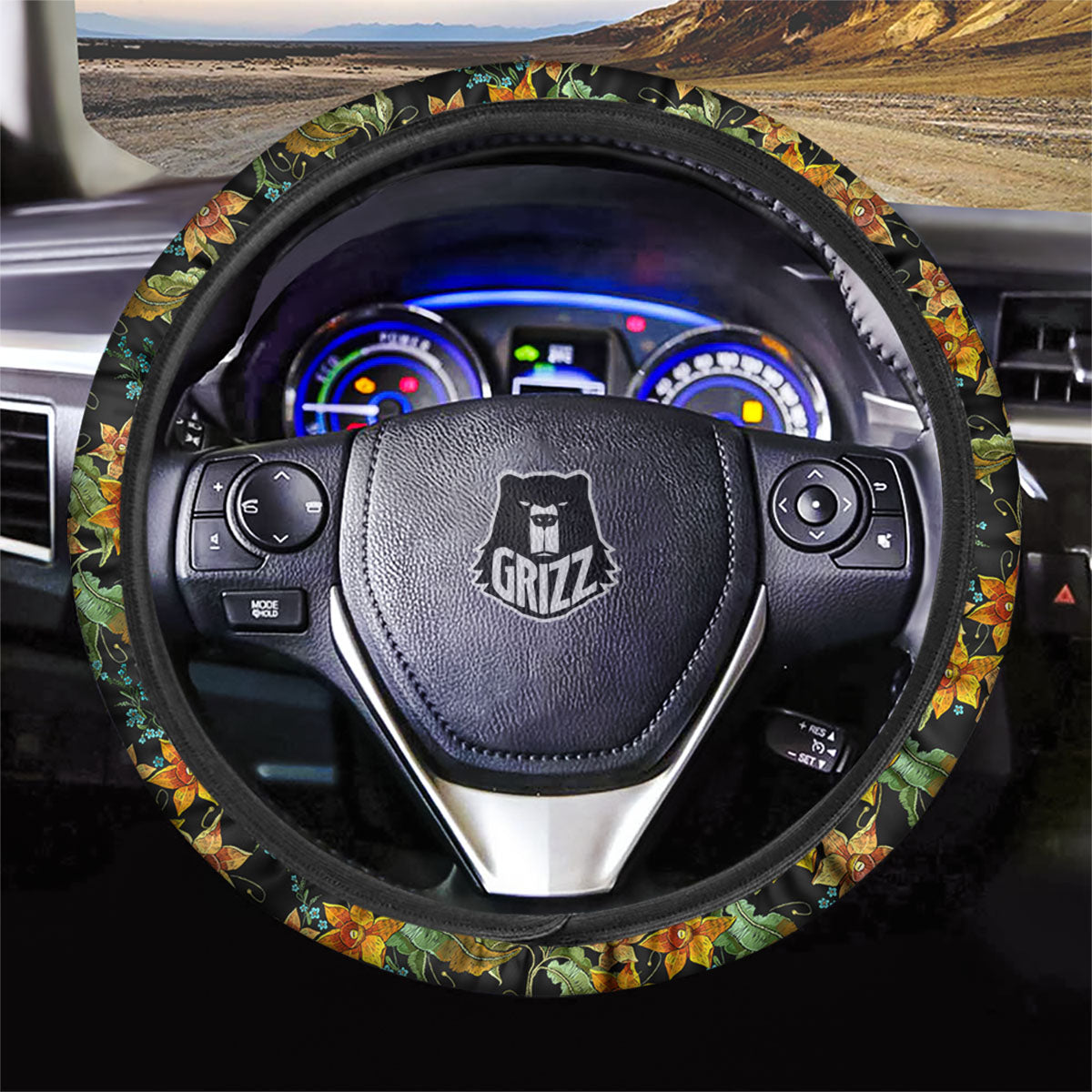 Daffodil Yellow And Black Print Pattern Car Steering Wheel Cover-grizzshop