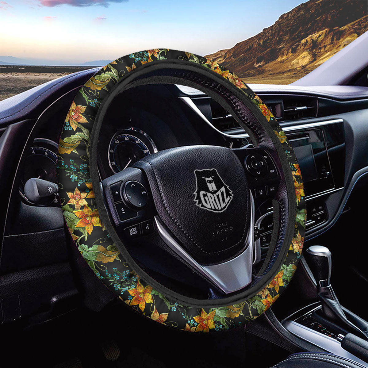 Daffodil Yellow And Black Print Pattern Car Steering Wheel Cover-grizzshop