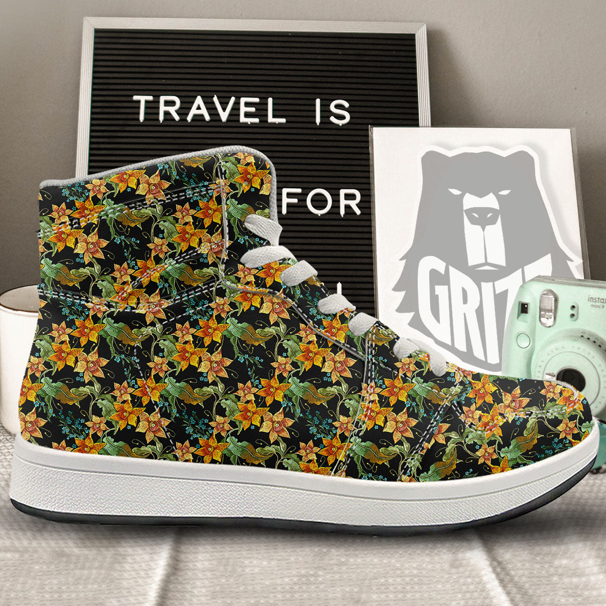 Daffodil Yellow And Black Print Pattern High Top Sneakers-grizzshop