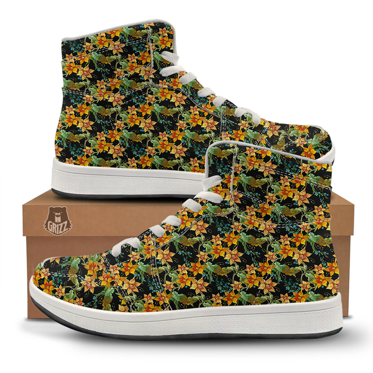 Daffodil Yellow And Black Print Pattern High Top Sneakers-grizzshop