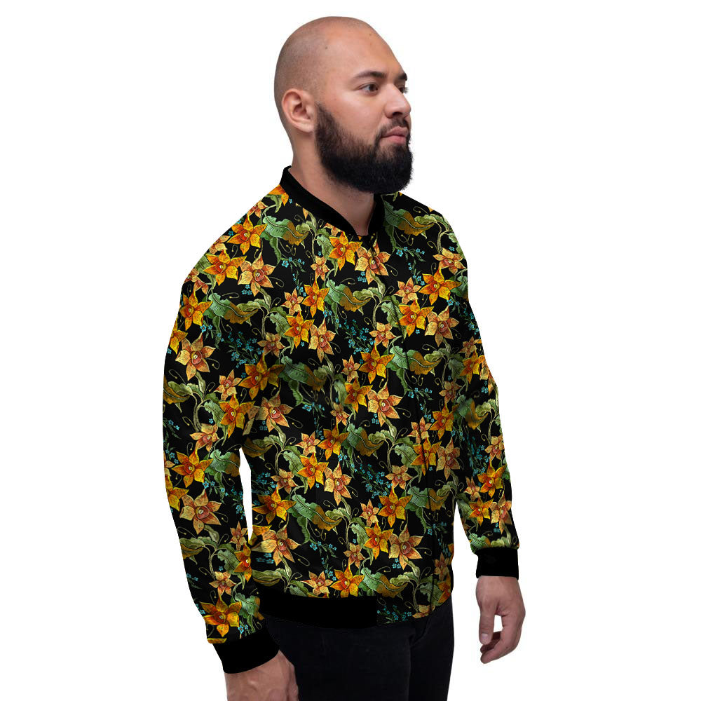 Daffodil Yellow And Black Print Pattern Men's Bomber Jacket-grizzshop