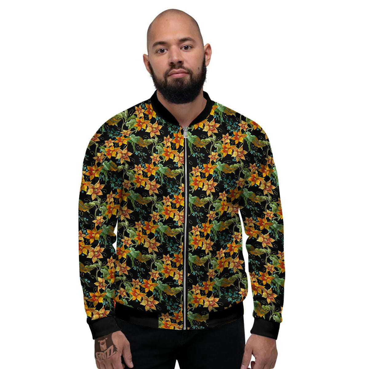 Daffodil Yellow And Black Print Pattern Men's Bomber Jacket-grizzshop