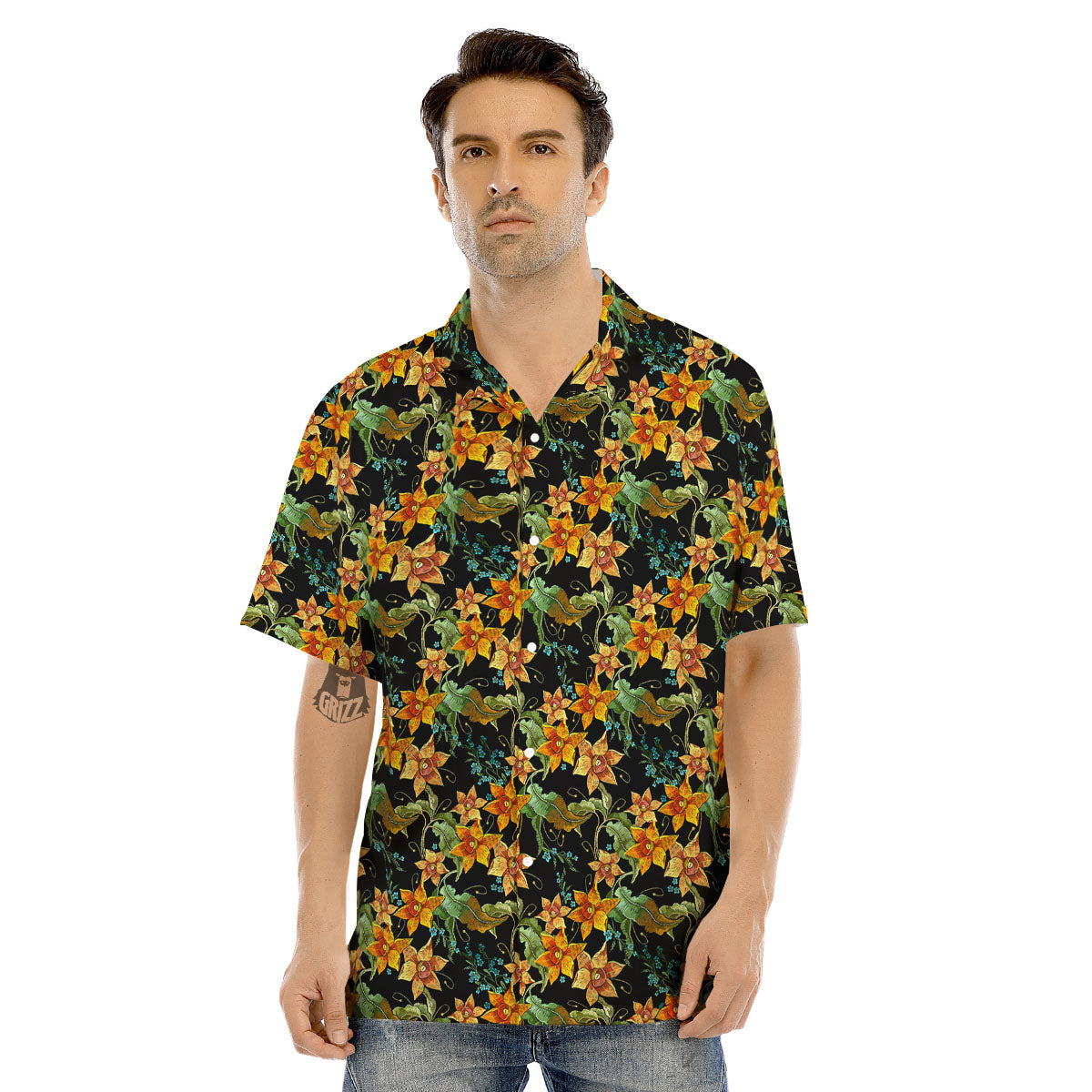 Daffodil Yellow And Black Print Pattern Men's Hawaiian Shirt-grizzshop