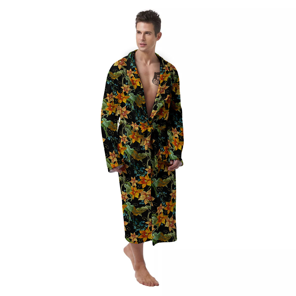 Daffodil Yellow And Black Print Pattern Men's Robe-grizzshop