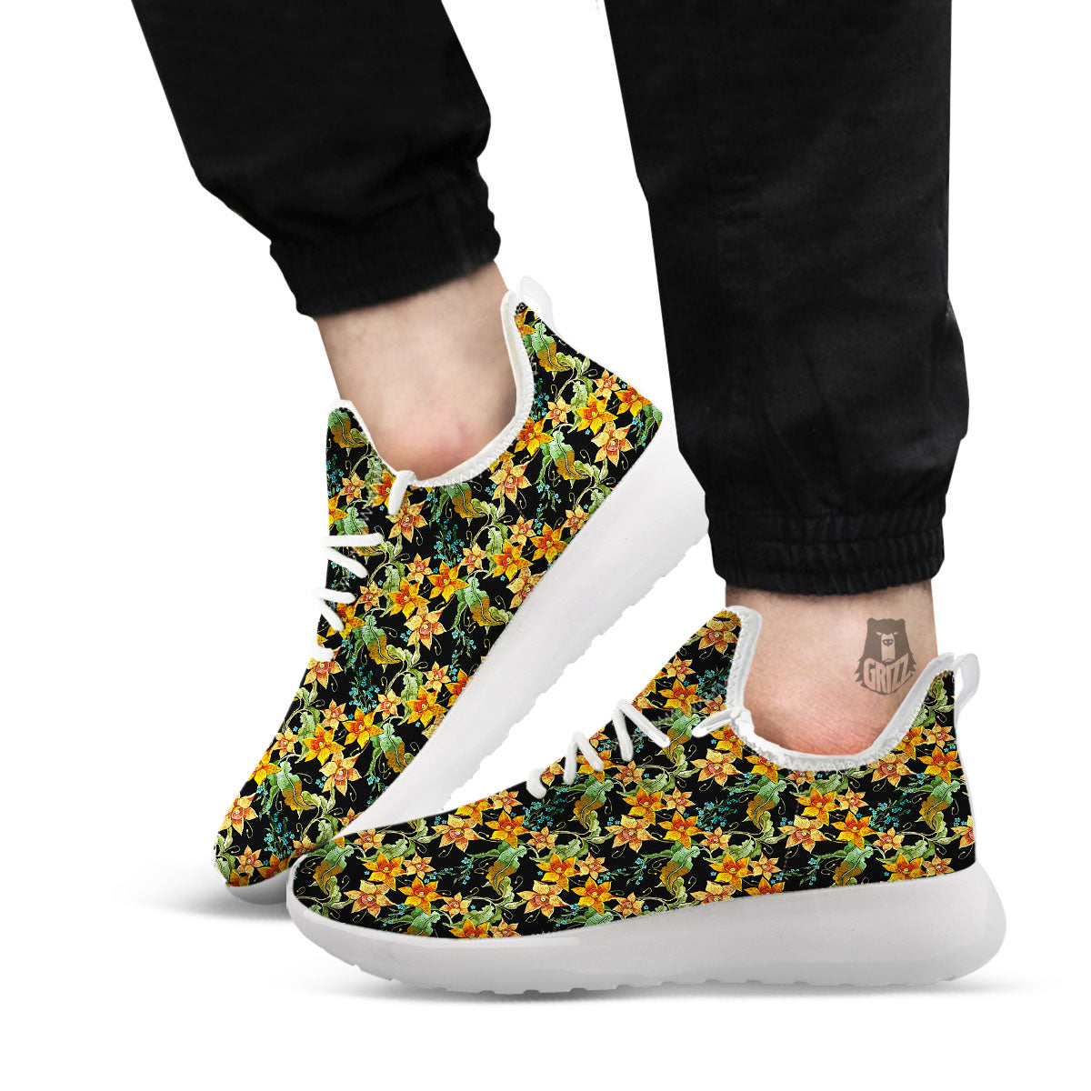 Daffodil Yellow And Black Print Pattern White Athletic Shoes-grizzshop