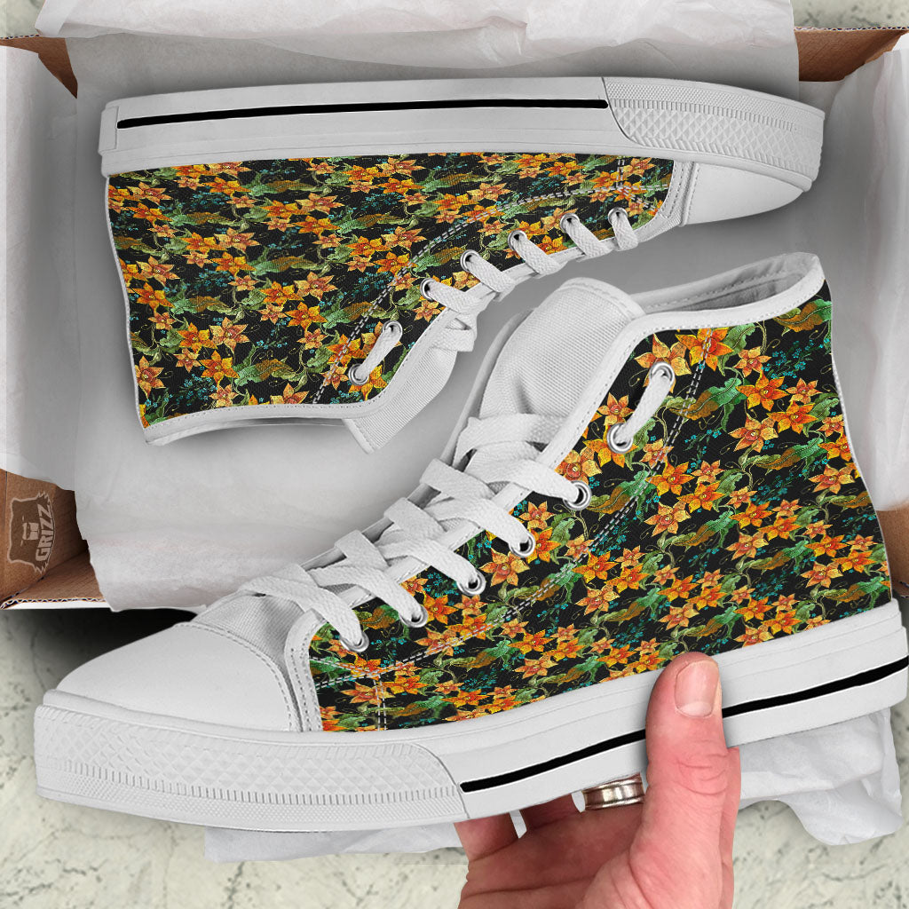 Daffodil Yellow And Black Print Pattern White High Top Shoes-grizzshop