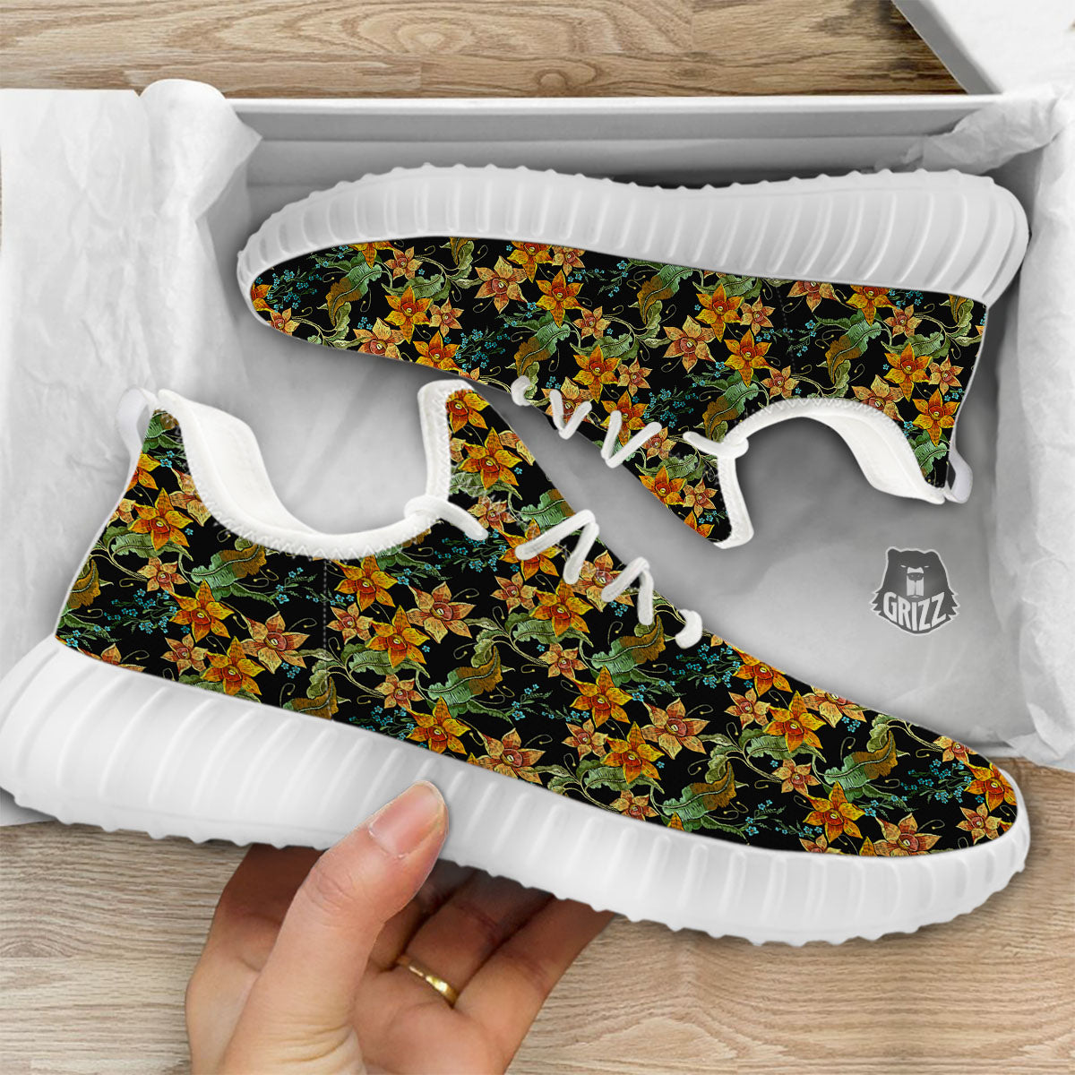 Daffodil Yellow And Black Print Pattern White Walking Shoes-grizzshop