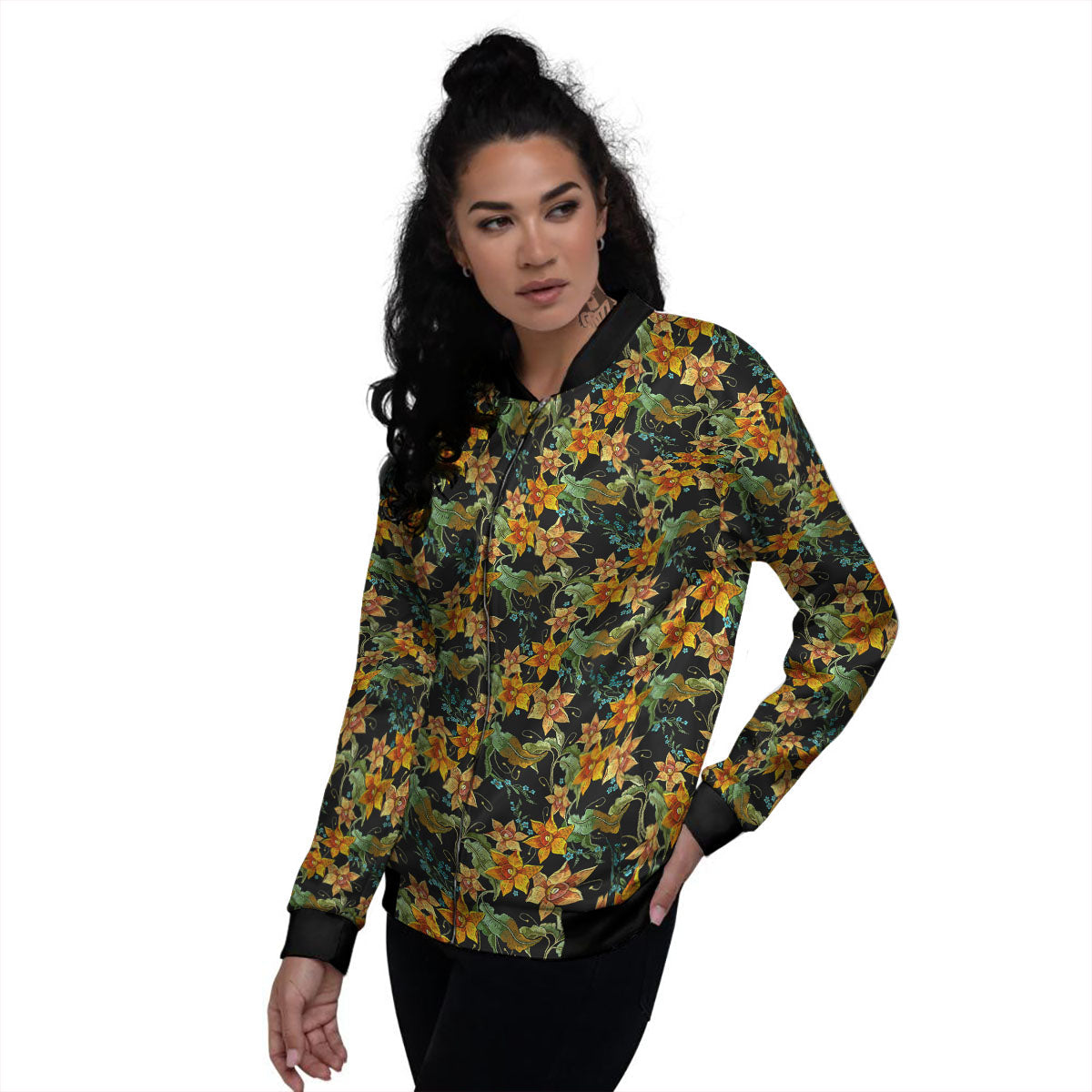 Daffodil Yellow And Black Print Pattern Women's Bomber Jacket-grizzshop