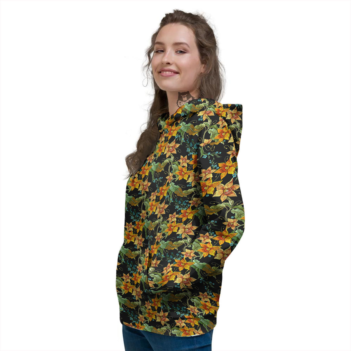 Daffodil Yellow And Black Print Pattern Women's Hoodie-grizzshop