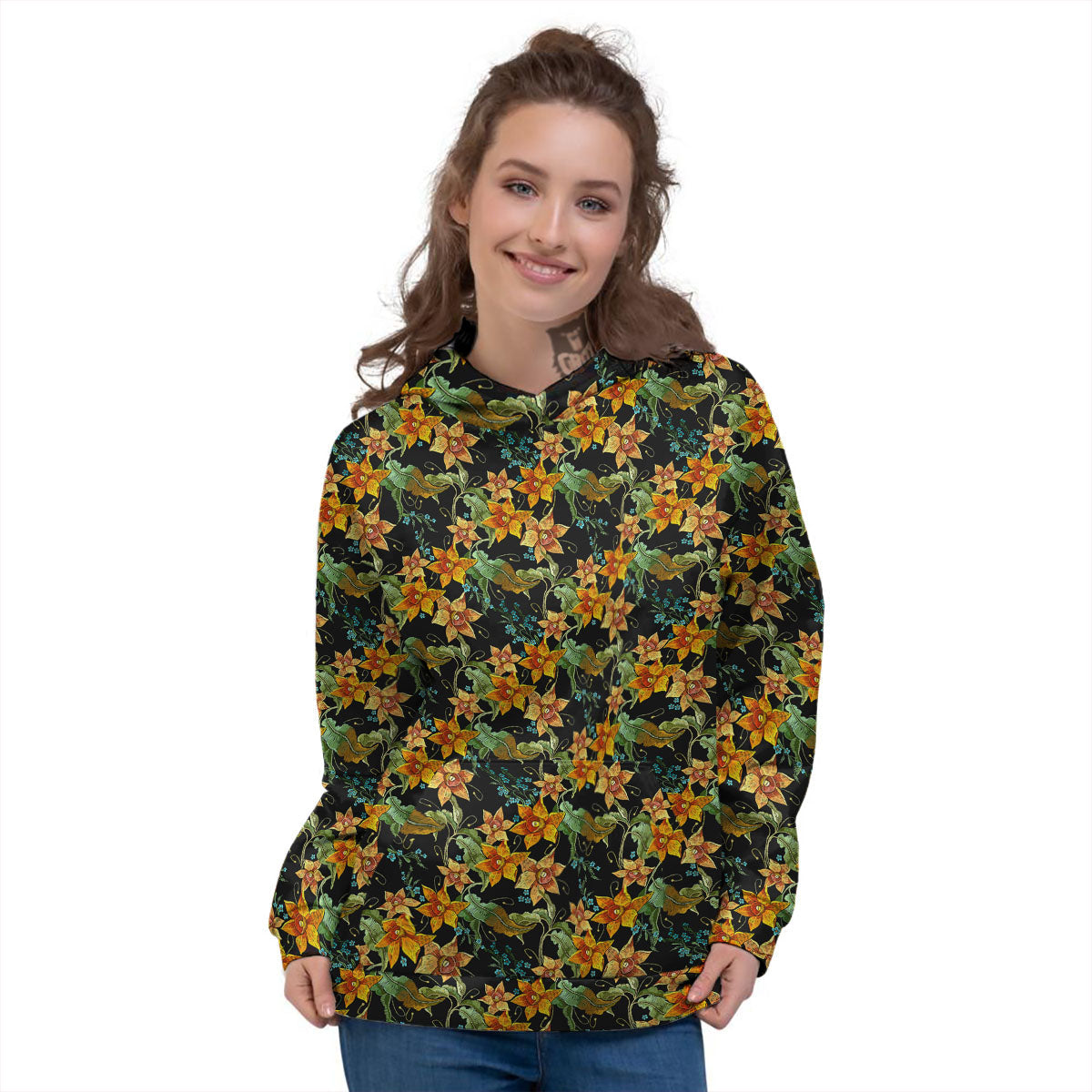 Daffodil Yellow And Black Print Pattern Women's Hoodie-grizzshop