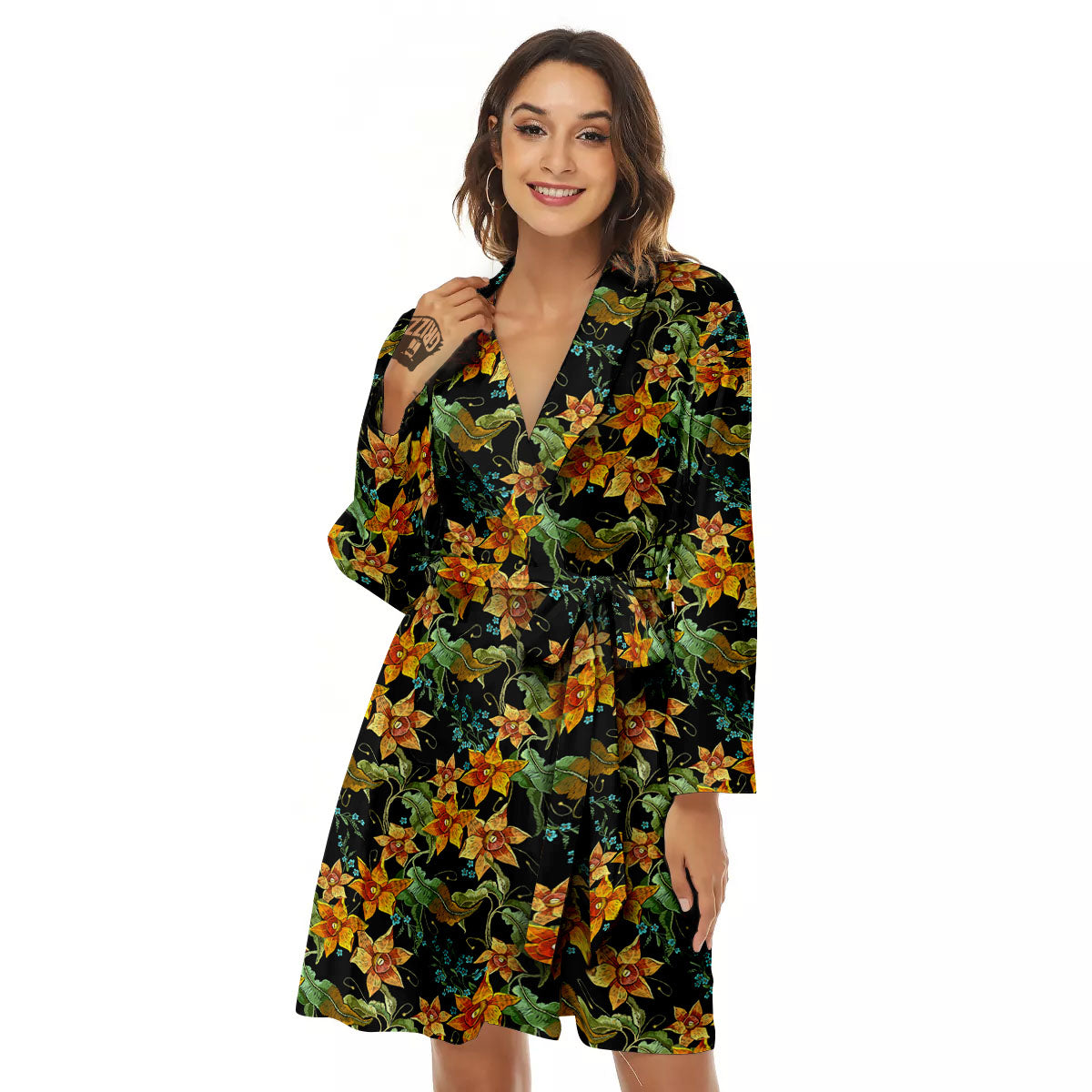 Daffodil Yellow And Black Print Pattern Women's Robe-grizzshop