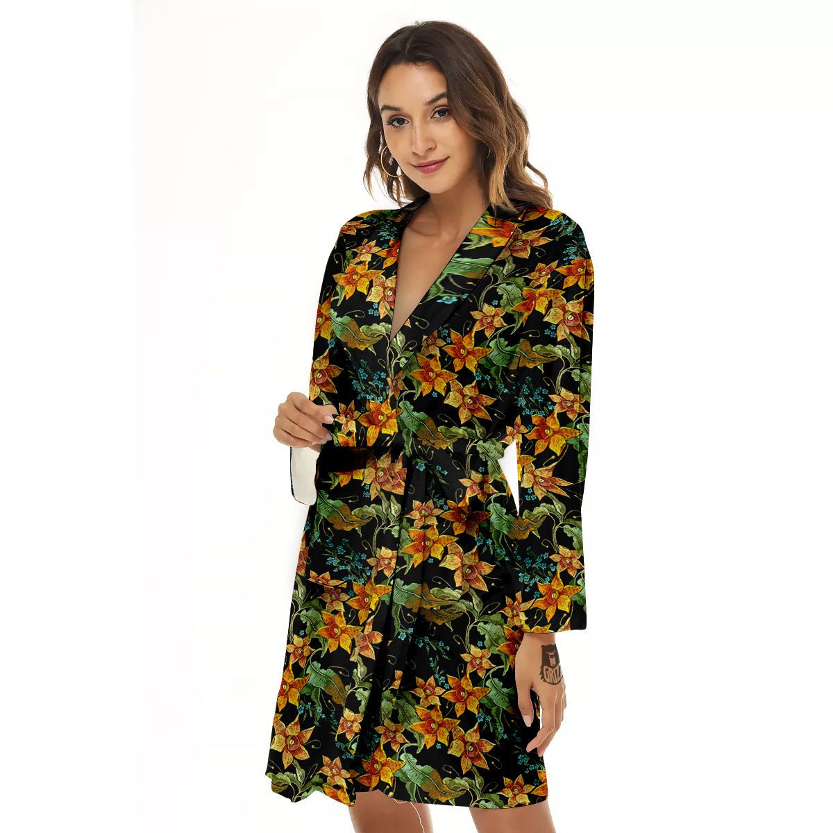 Daffodil Yellow And Black Print Pattern Women's Robe-grizzshop