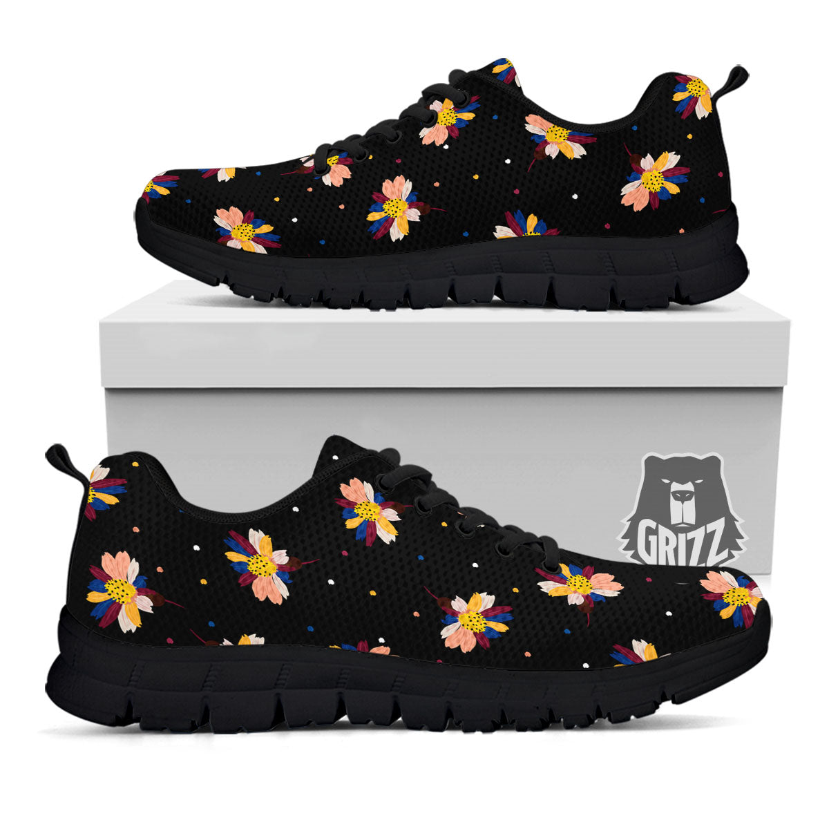 Daisy Floral Polka Dot Print Pattern Black Sneaker-grizzshop