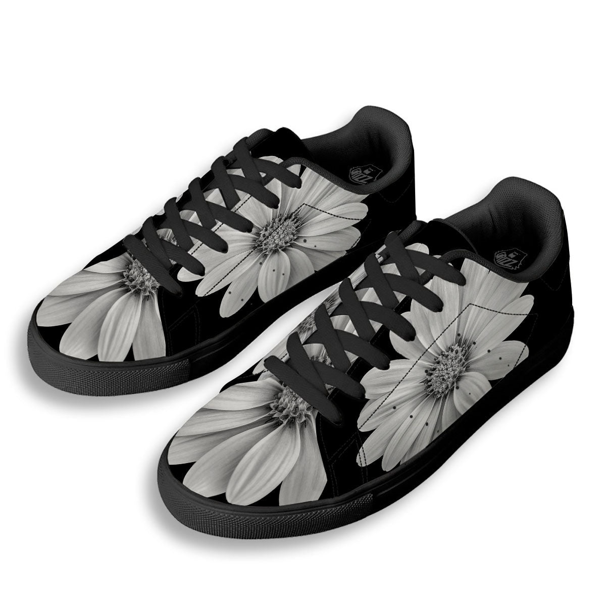 Daisy Flower Monochrome Print Black Low Top Sneakers-grizzshop