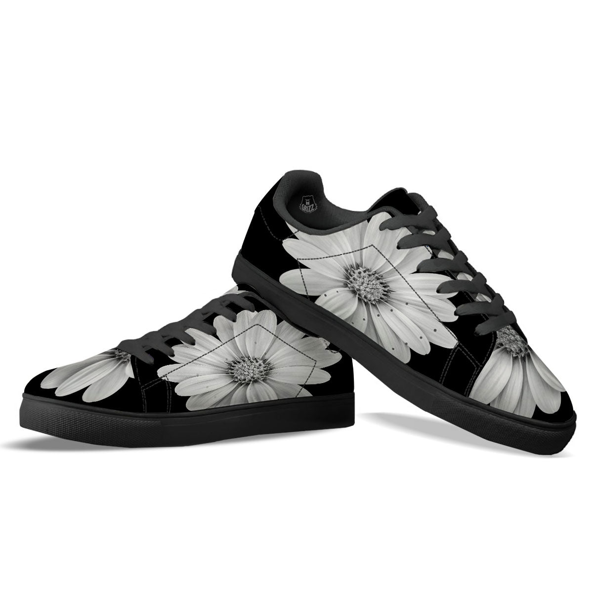 Daisy Flower Monochrome Print Black Low Top Sneakers-grizzshop
