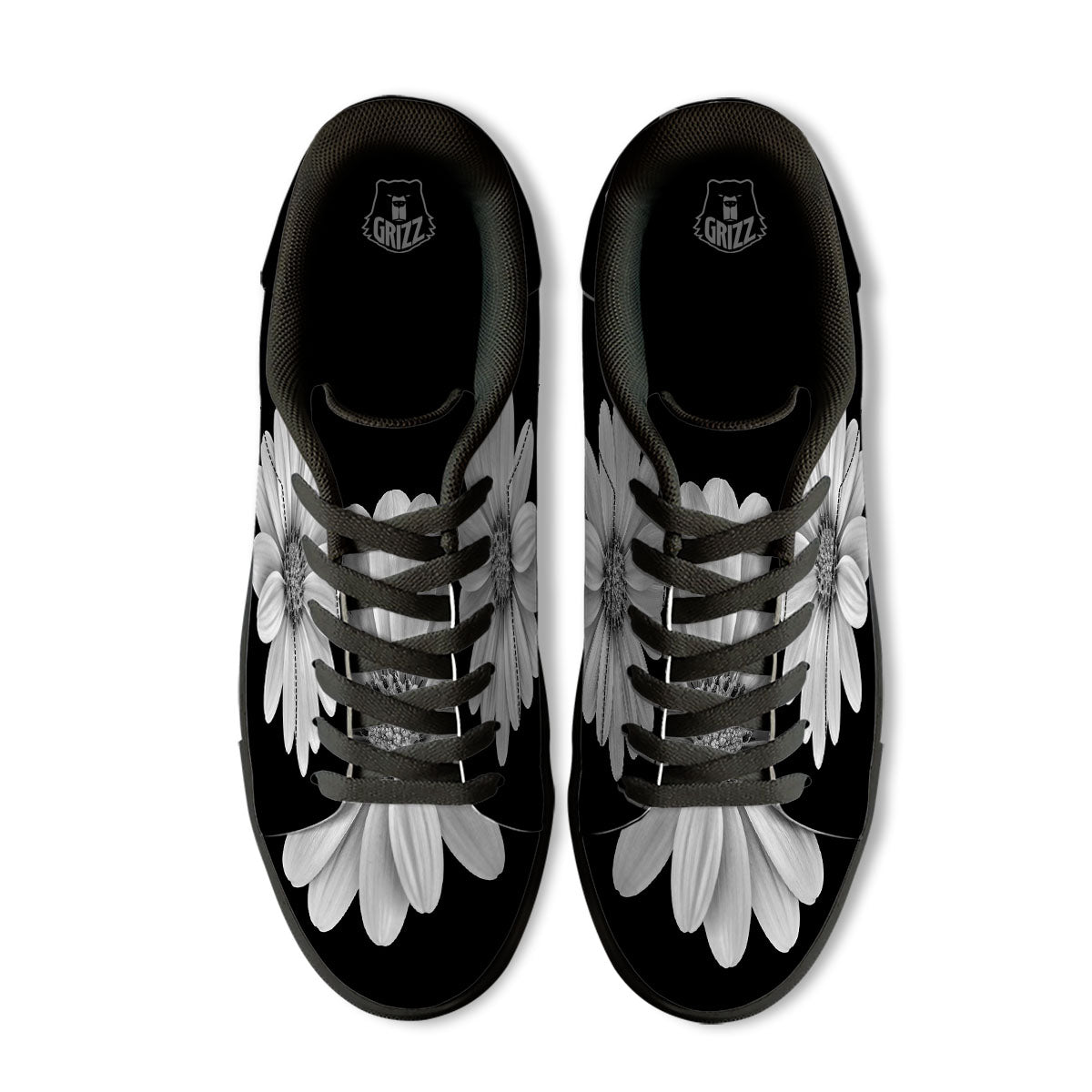 Daisy Flower Monochrome Print Black Low Top Sneakers-grizzshop