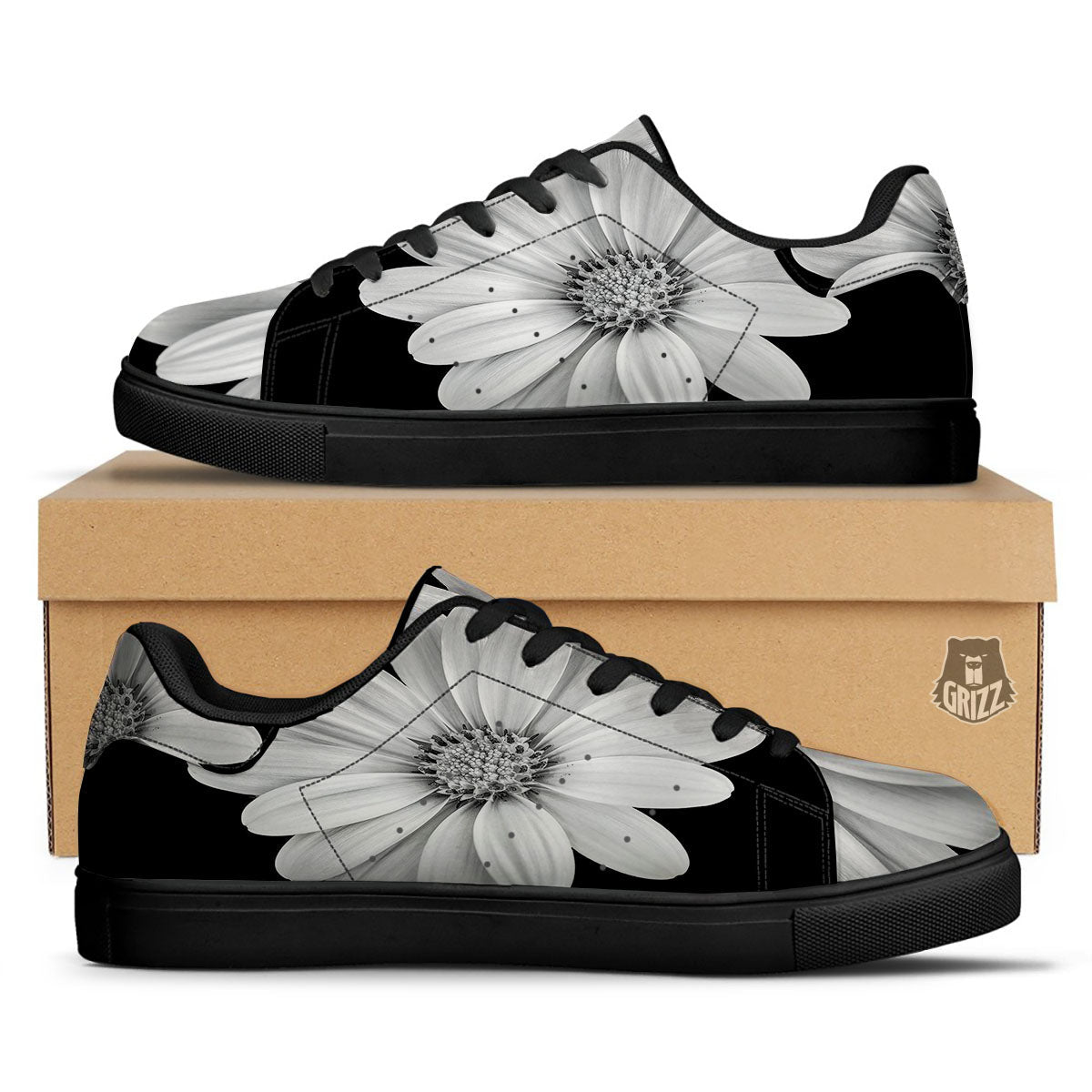 Daisy Flower Monochrome Print Black Low Top Sneakers-grizzshop