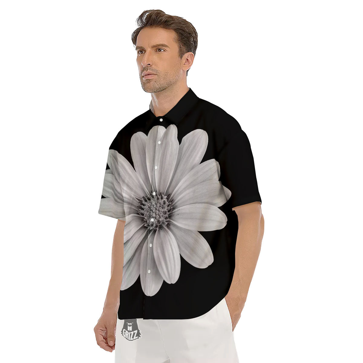 Daisy Flower Monochrome Print Men's Short Sleeve Shirts-grizzshop