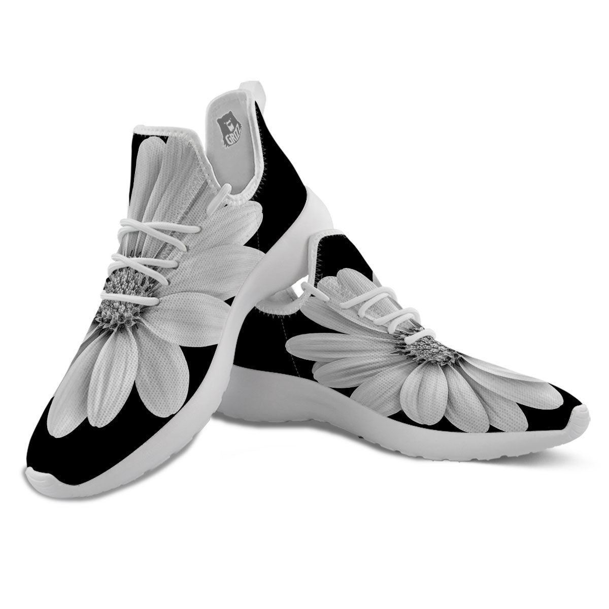 Daisy Flower Monochrome Print White Athletic Shoes-grizzshop