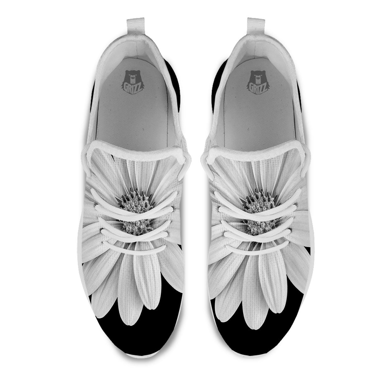 Daisy Flower Monochrome Print White Athletic Shoes-grizzshop