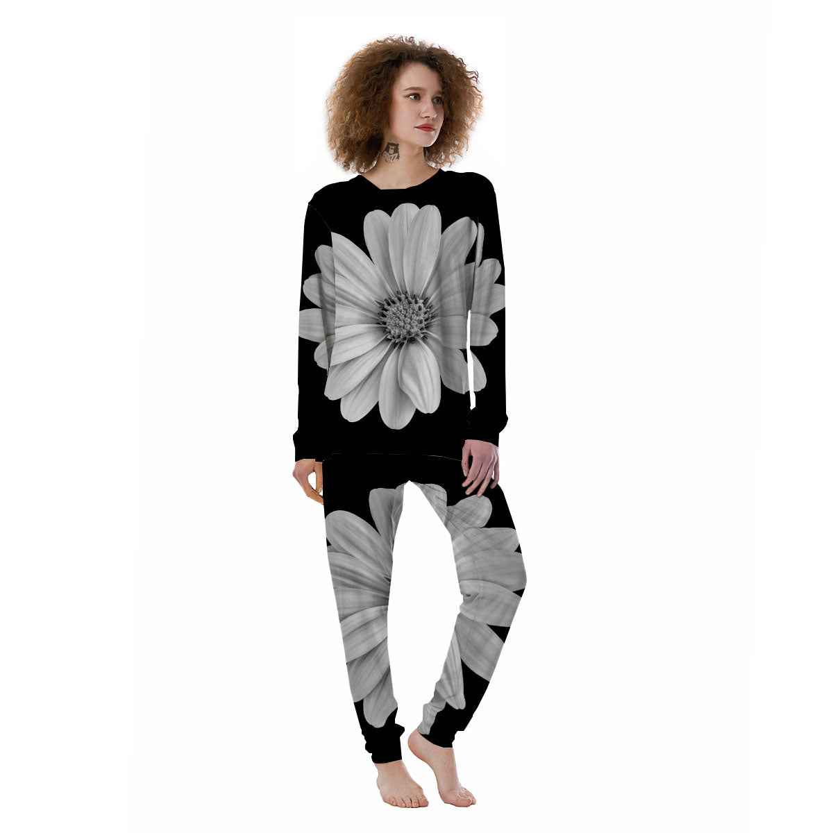 Daisy Flower Monochrome Print Women's Pajamas-grizzshop