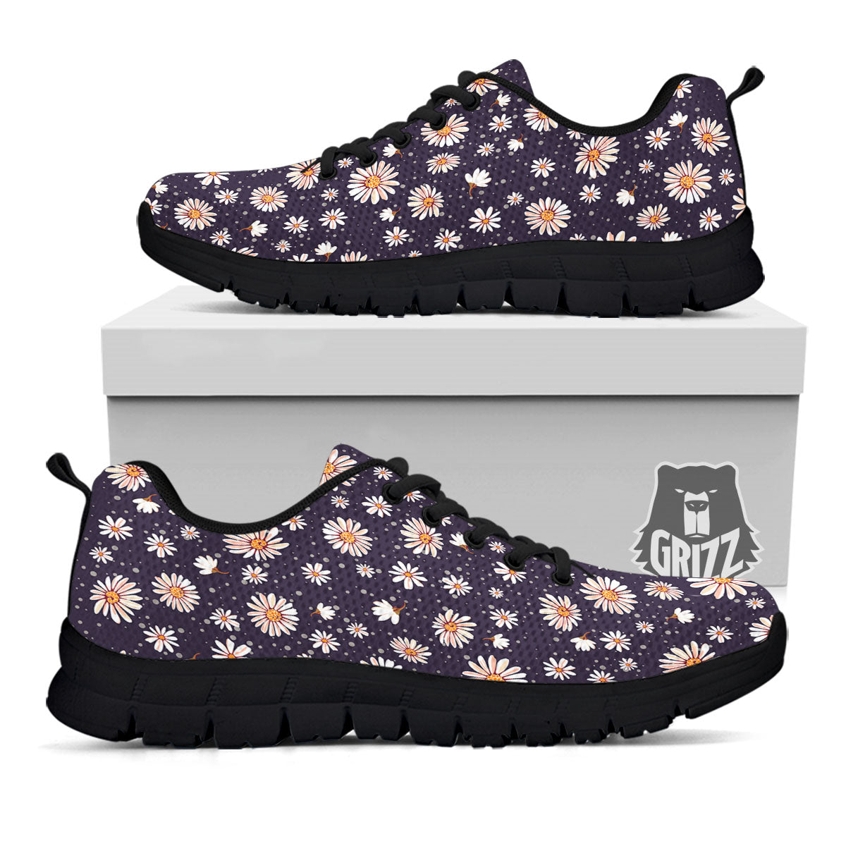 Daisy Flower Polka Dot Print Pattern Black Sneaker-grizzshop