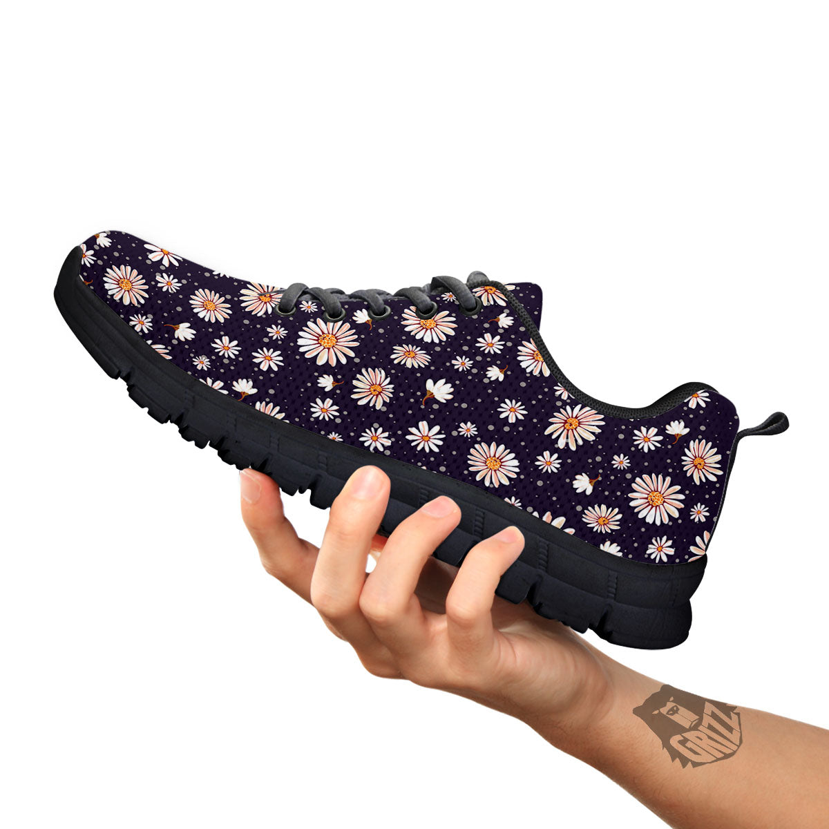 Daisy Flower Polka Dot Print Pattern Black Sneaker-grizzshop