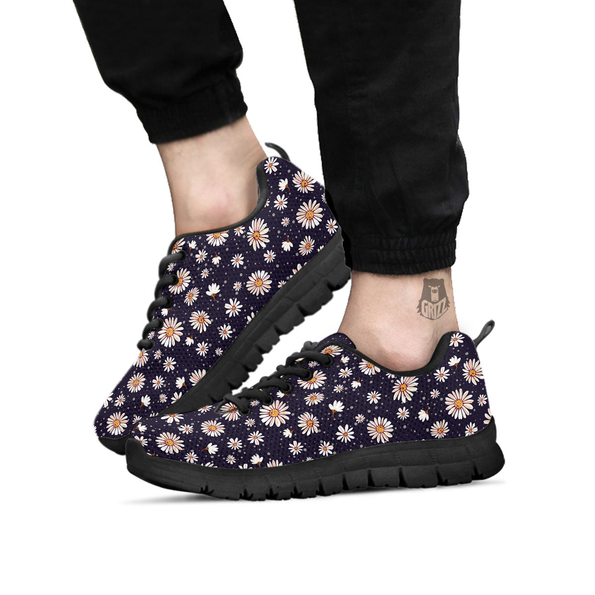 Daisy Flower Polka Dot Print Pattern Black Sneaker-grizzshop