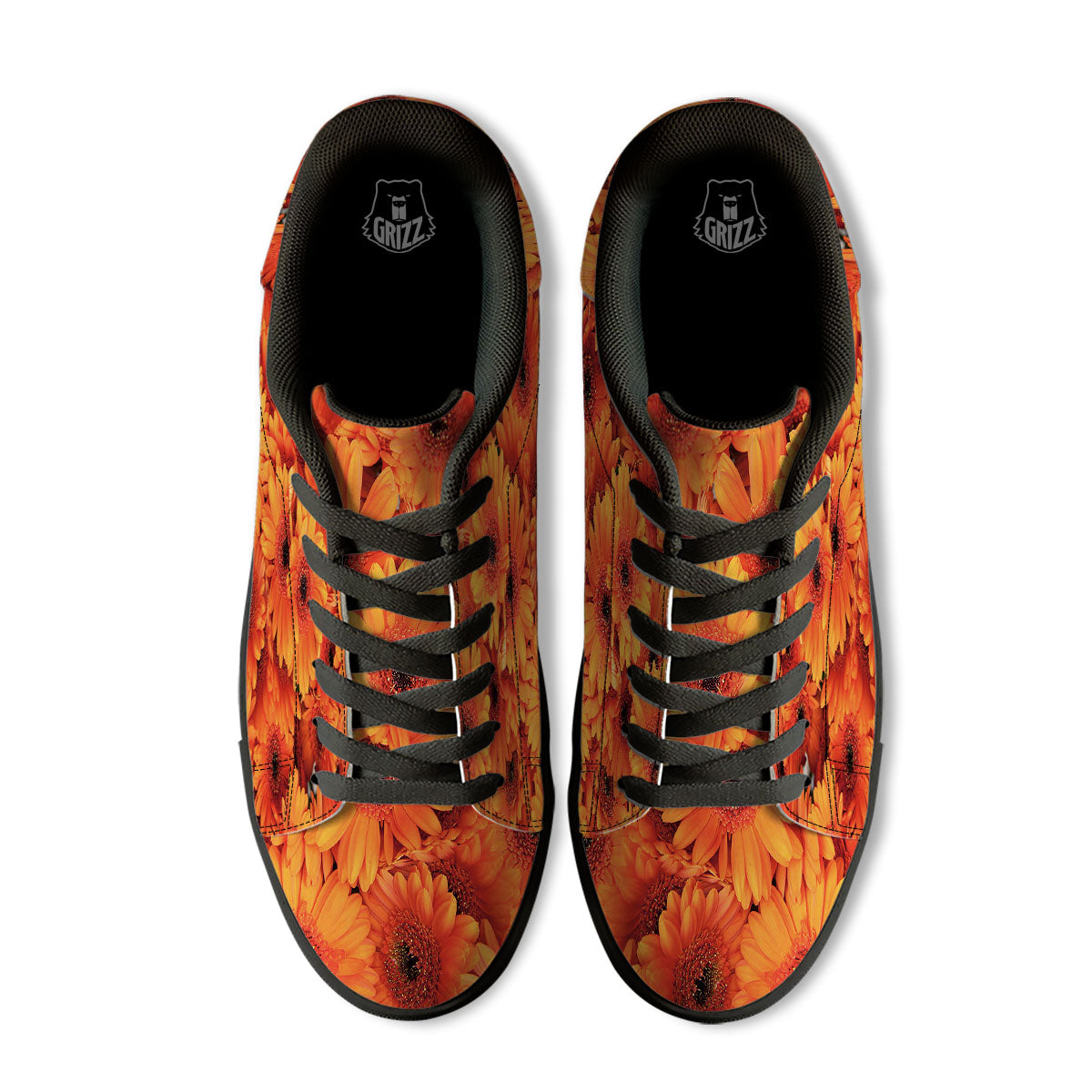 Daisy Orange Flower Print Black Low Top Sneakers-grizzshop