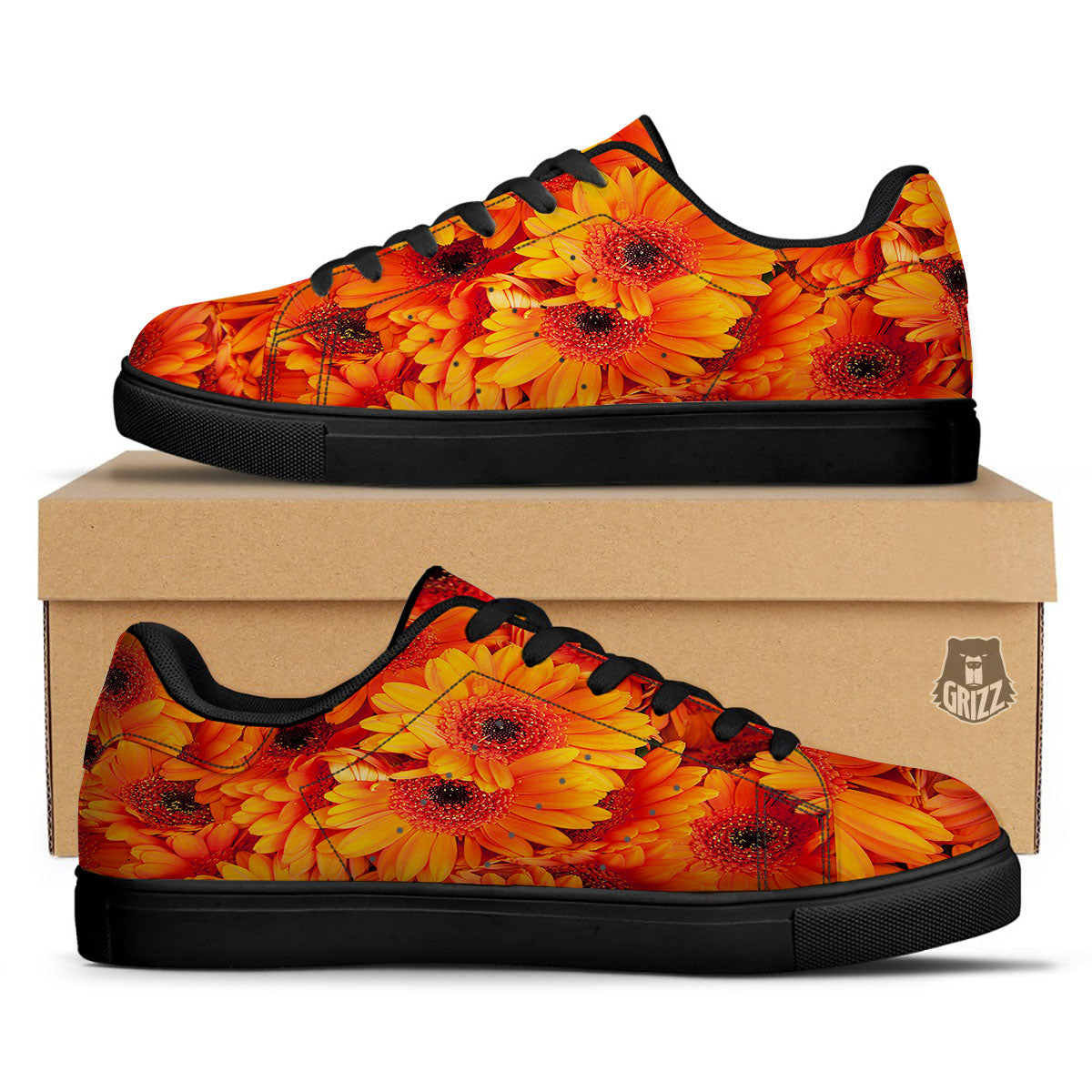 Daisy Orange Flower Print Black Low Top Sneakers-grizzshop