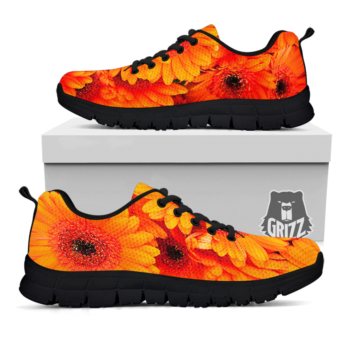 Daisy Orange Flower Print Black Sneaker-grizzshop