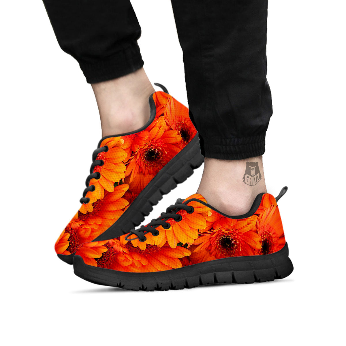 Daisy Orange Flower Print Black Sneaker-grizzshop