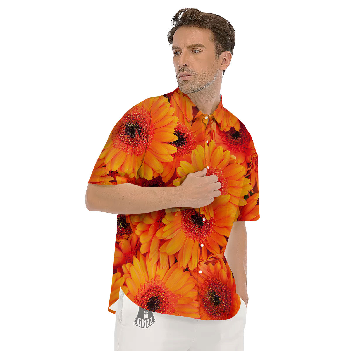 Daisy Orange Flower Print Men's Short Sleeve Shirts-grizzshop