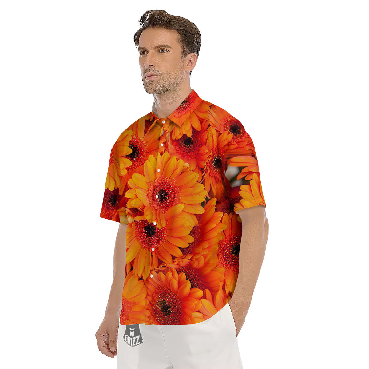 Daisy Orange Flower Print Men's Short Sleeve Shirts-grizzshop