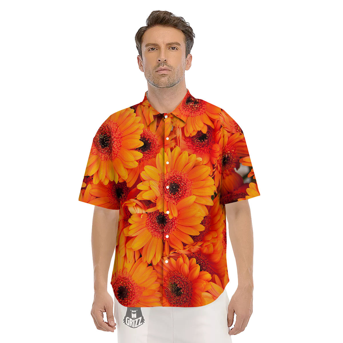 Daisy Orange Flower Print Men's Short Sleeve Shirts-grizzshop