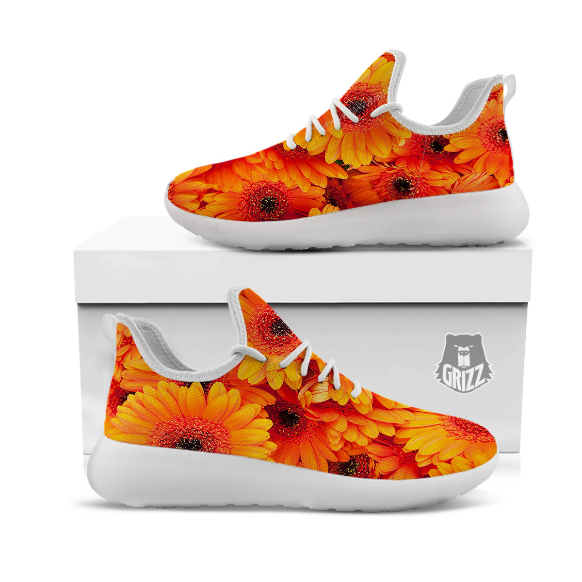 Daisy Orange Flower Print White Athletic Shoes-grizzshop