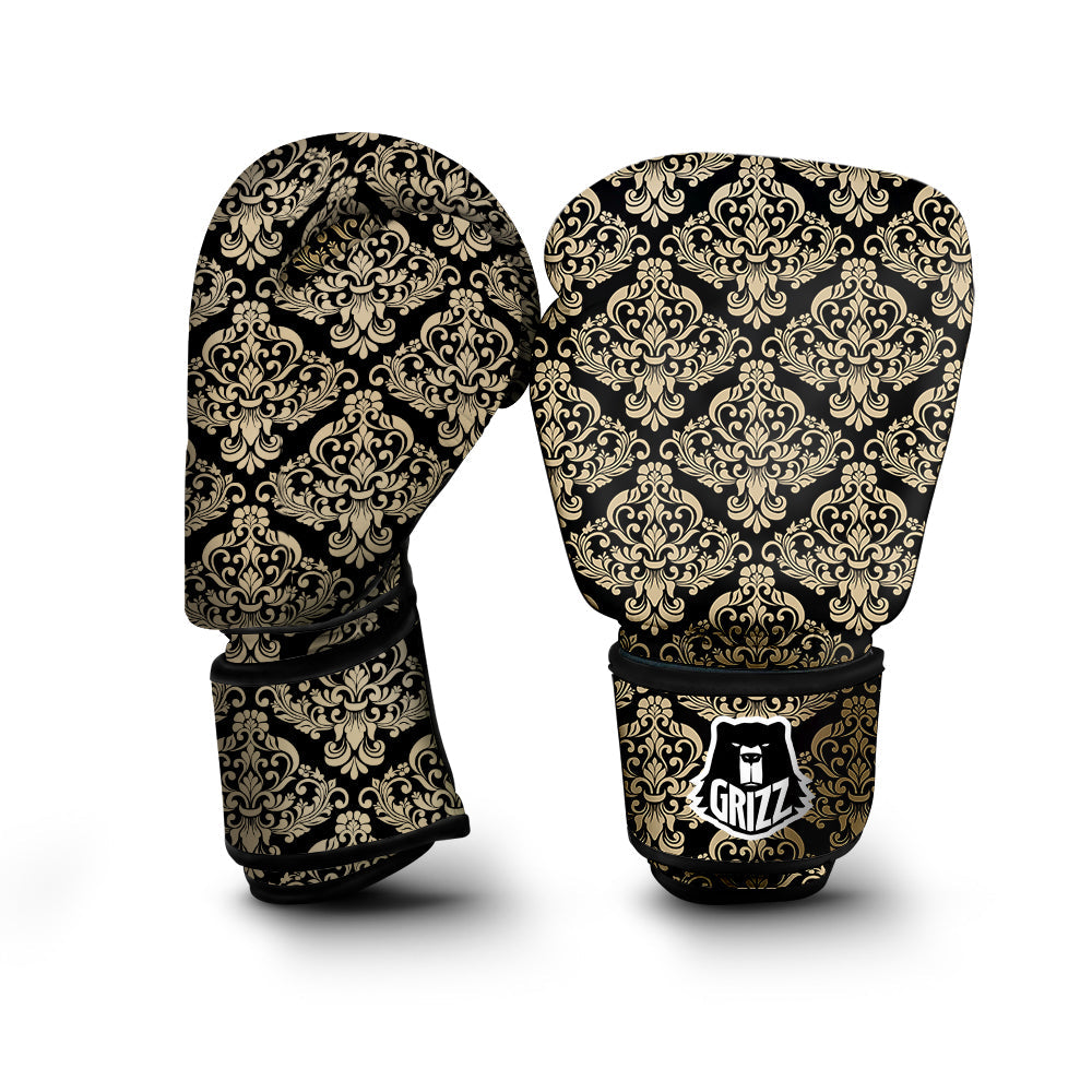 Damask Beige And Black Print Pattern Boxing Gloves-grizzshop