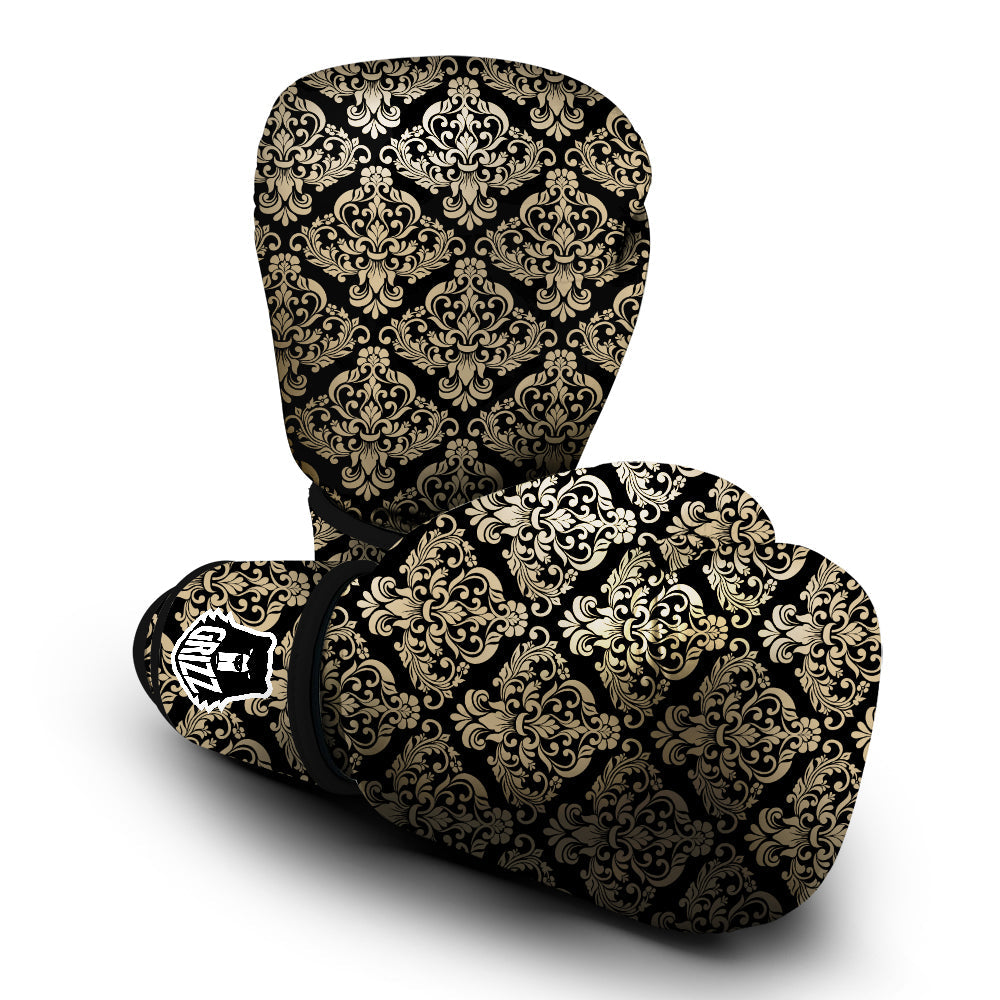 Damask Beige And Black Print Pattern Boxing Gloves-grizzshop